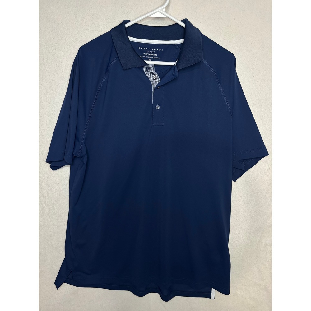 Bobby Jones X-H2O Performance Mens XL Navy Blue Gingham Trim Golf Polo Shirt